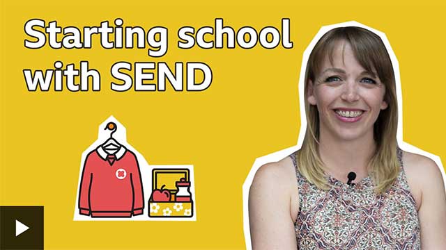 A young woman smiles with a cartoon of a school uniform and lunchbox next to her. The background is bright yellow.